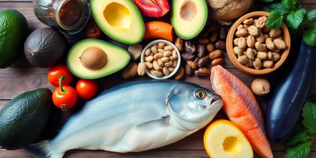 Fargerik samling av sunne fettsyrer matvarer.
