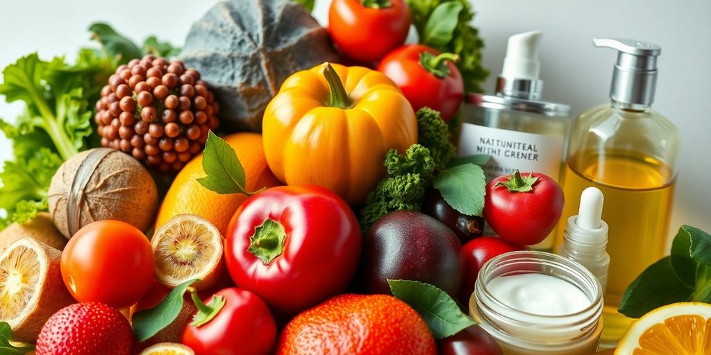 Fargerike frukter og grønnsaker med skjønnhetsprodukter.