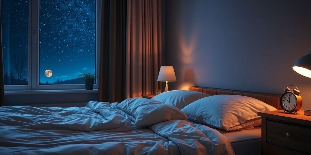 Ro og mørke i soverommet med stjerner utenfor.