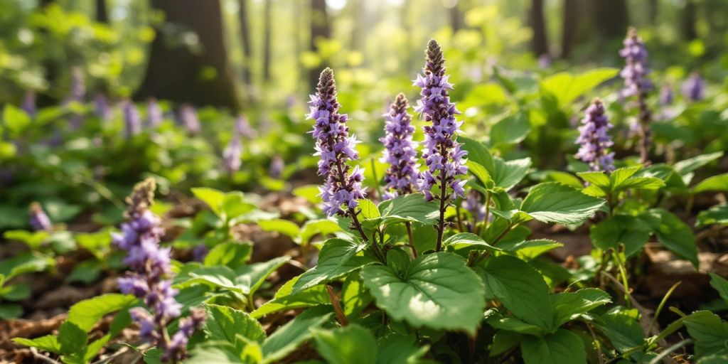 Nærbilde av Skogsvinerot med grønne blader og lilla blomster.