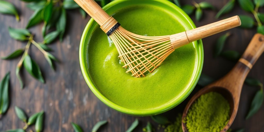 En skål med matcha-te og bambusvisp.