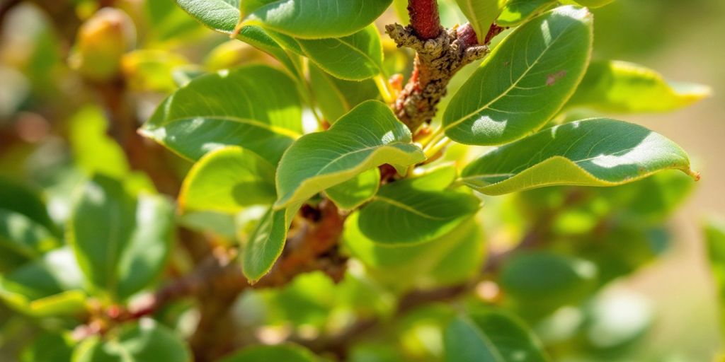 Mastikstre-plante med grønne blader og brun bark.