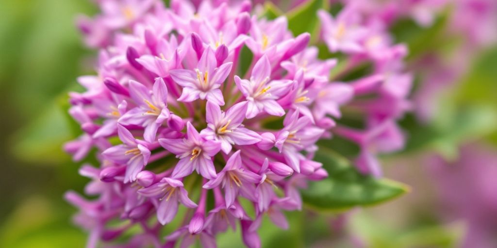 Tysbast blomster i nærheten med rosa og lilla farger.