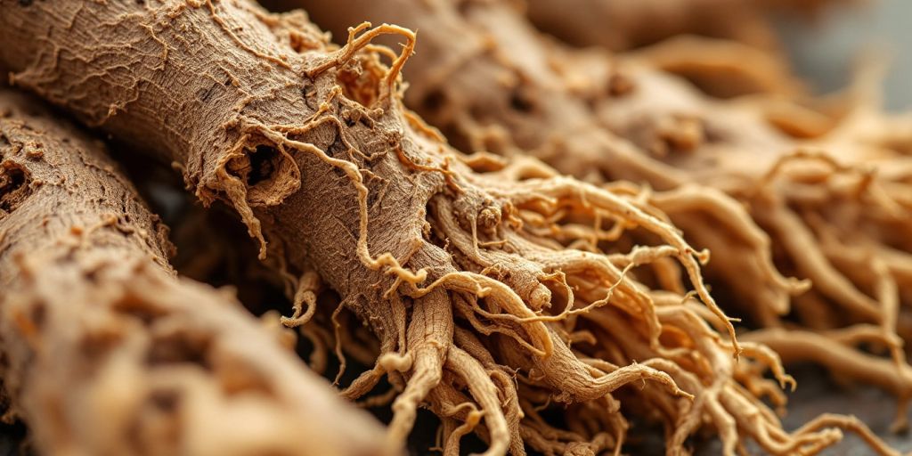 Nærbilde av kinesisk lakrisrot med brun bark.