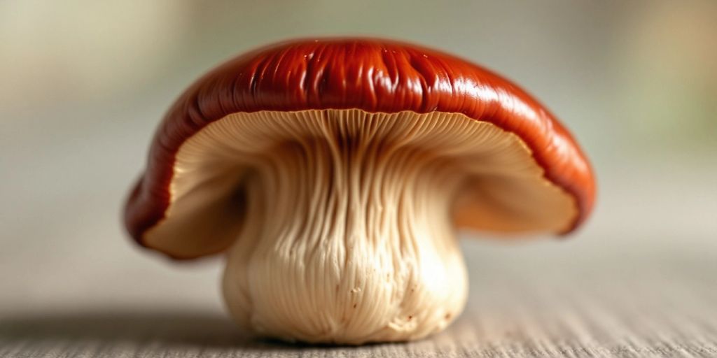 Reishi sopp med brunrød cap og naturlig bakgrunn.