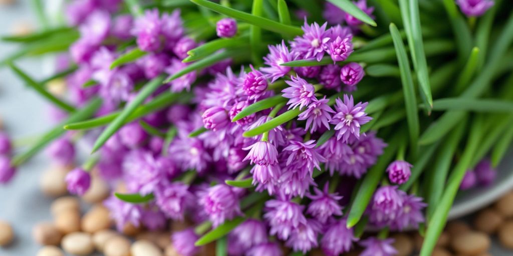 Nærbilde av fersk grasløk med lilla blomster.
