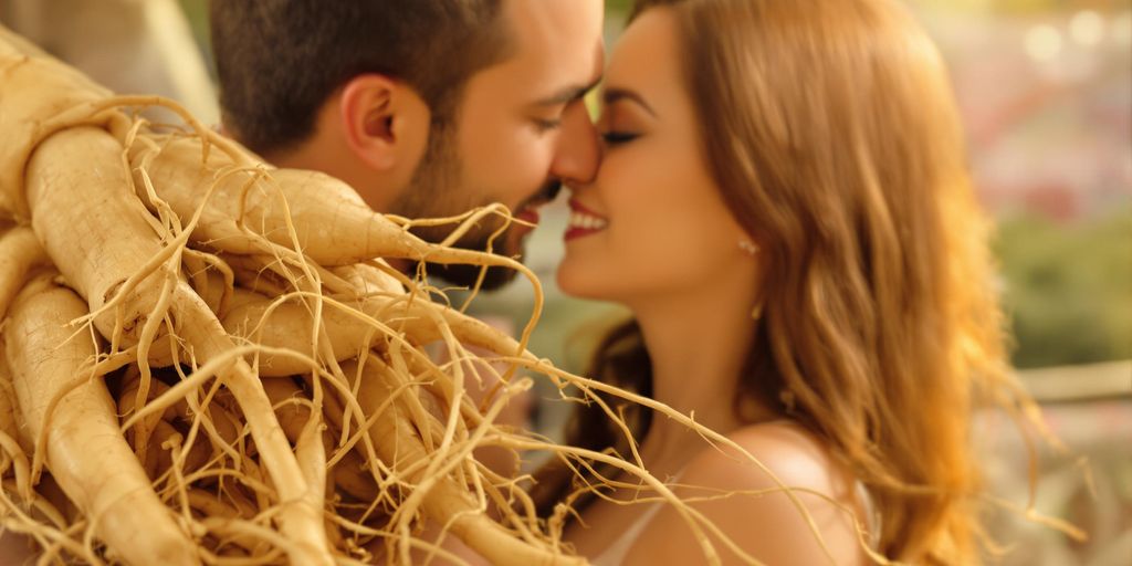 Ginseng og romantisk par i myk belysning.