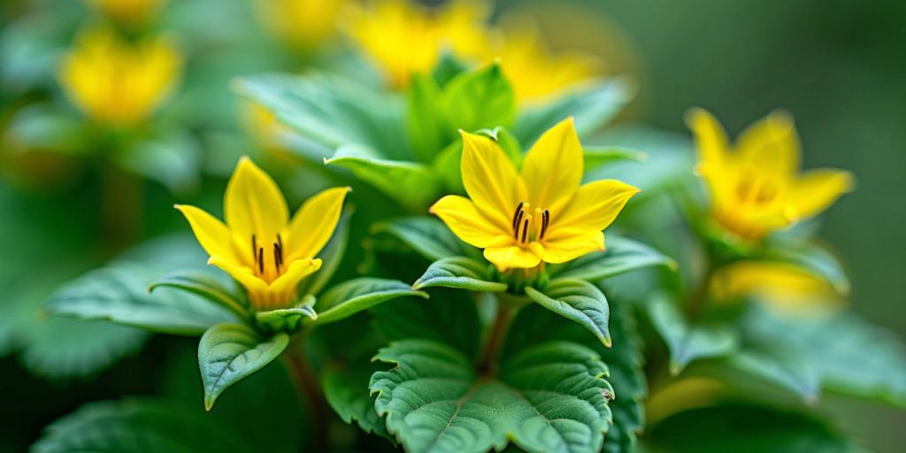 Nærbilde av Damiana-blader og gule blomster.