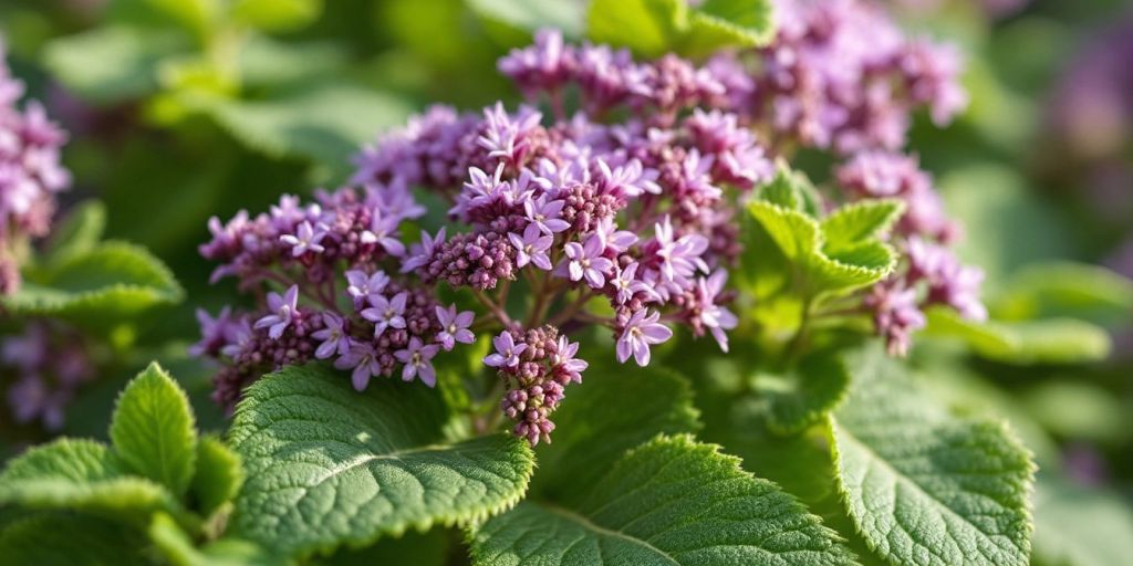 Nærbilde av Jernurt med lilla blomster og grønne blader.