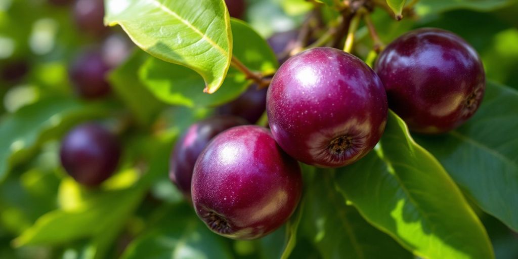 Ripe jambolfrukter på grønne blader.