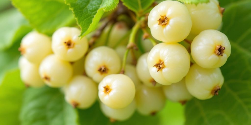 Nærbilde av hvit morbærfrukt på gren.