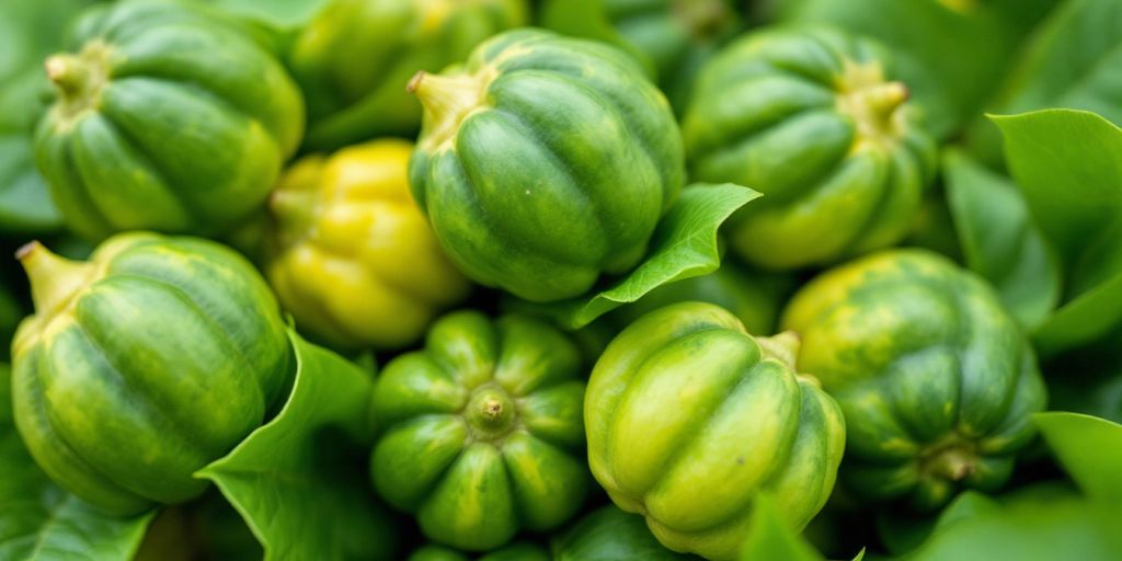 Friske Garcinia cambogia-frukter med grønne blader.