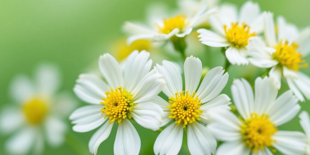 Kamilleblomster med hvite kronblader og gule sentre.