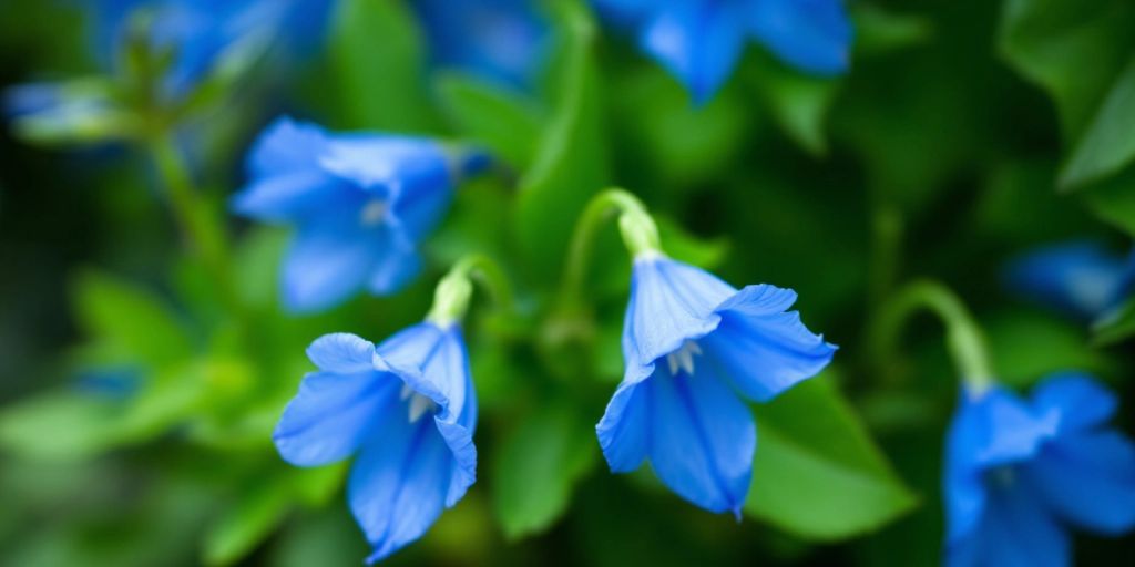 Nærbilde av blå klokkeformede blomster.