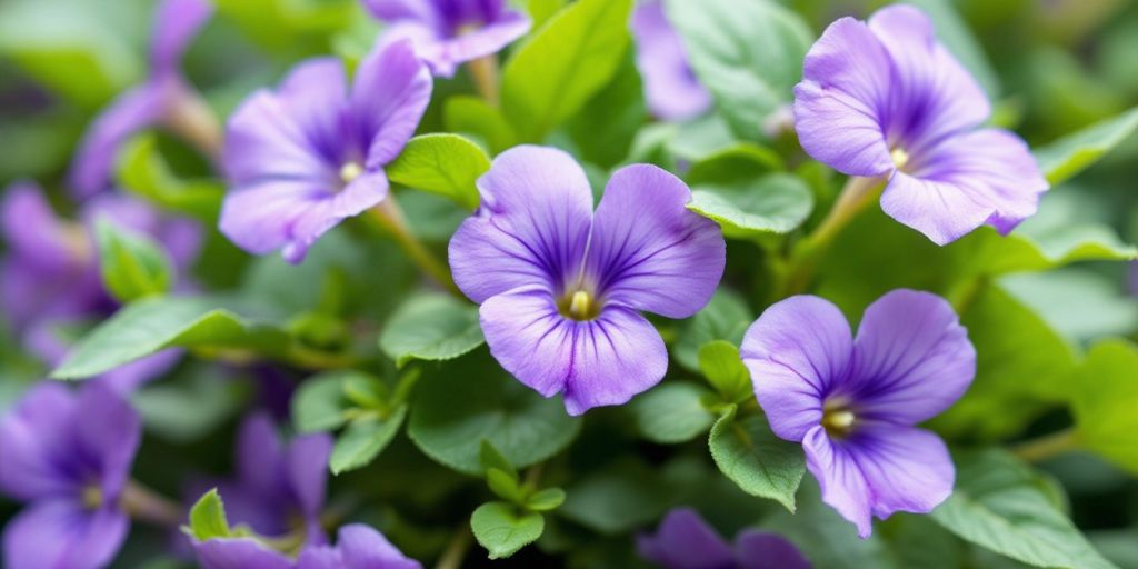 Marsfiolblomster med lilla kronblad og grønne blader.