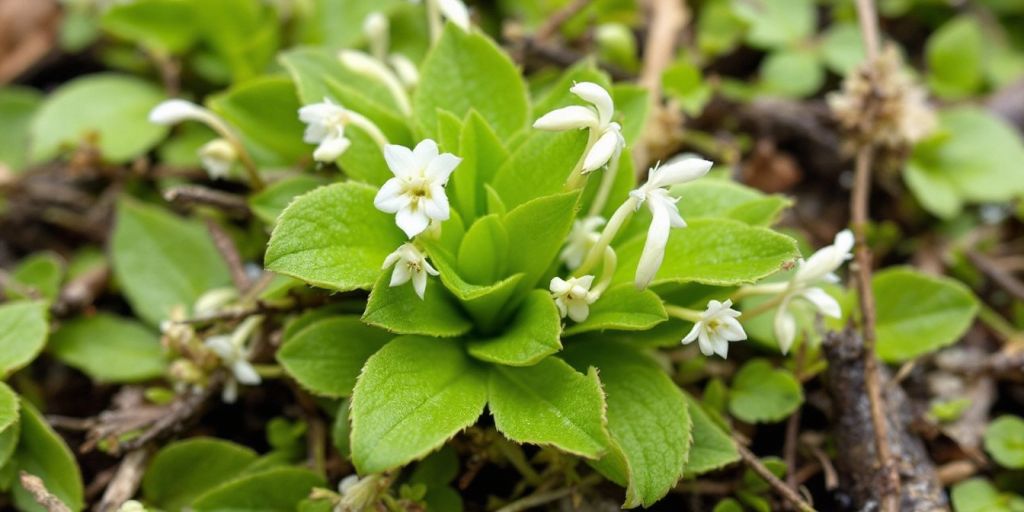 Finnmarkspors med hvite blomster og grønne blader.