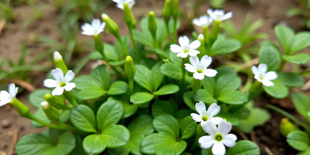 Nærbilde av Bacopa monnieri med hvite blomster
