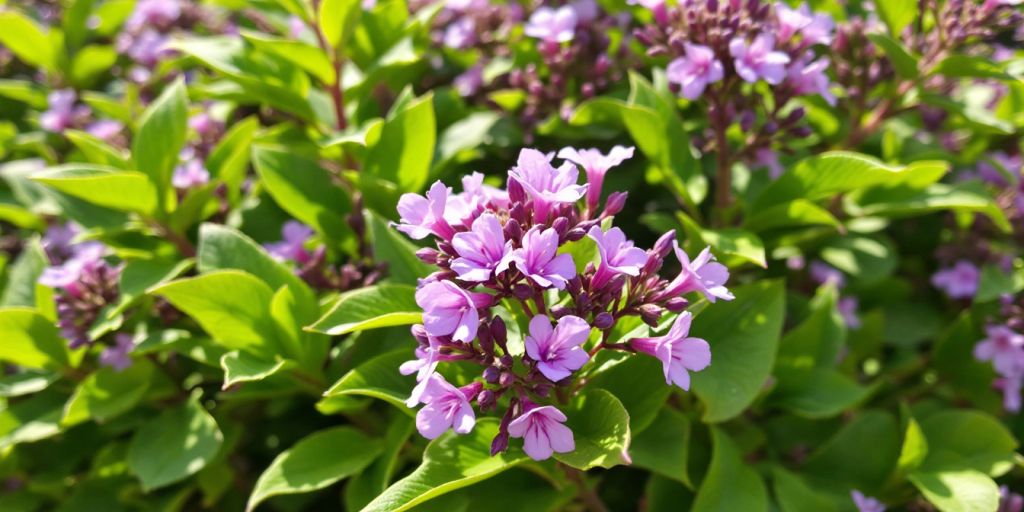 Sitronverbena med grønne blader og lilla blomster.