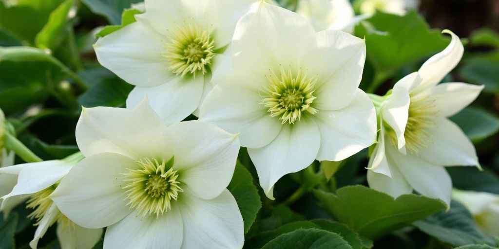 Hvit julerose med hvite blomster og grønt bladverk.