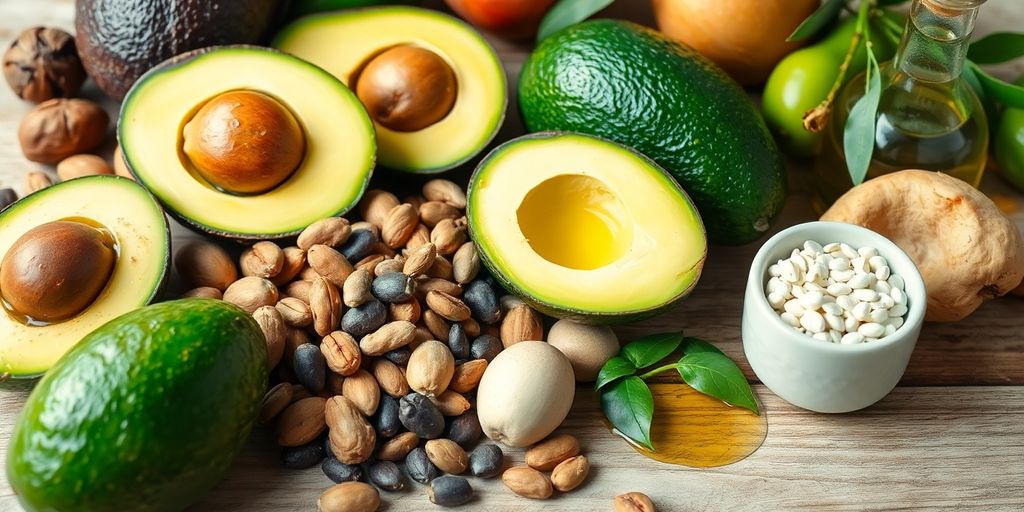 Fargerik mat med umettet fett som avocado og nøtter.