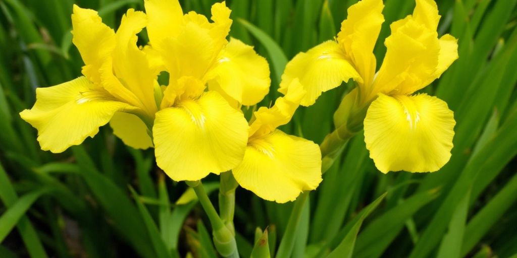 Gul irisblomst med grønne blader.