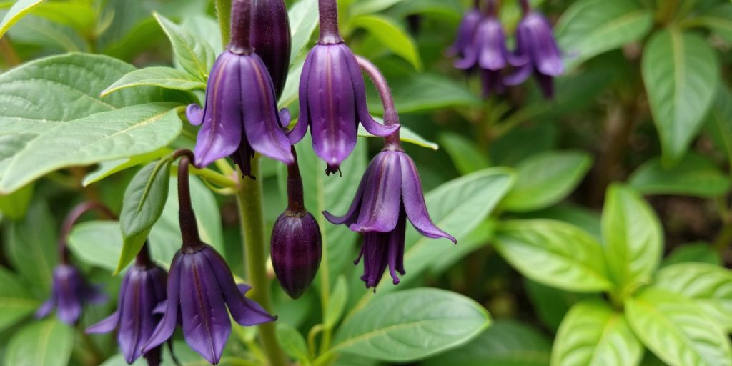 Belladonna plante med lilla blomster og grønne blader
