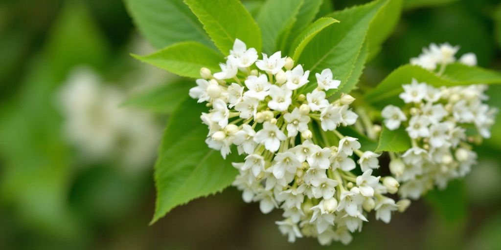 Nærbilde av hvite Mjødurt blomster med grønne blader.