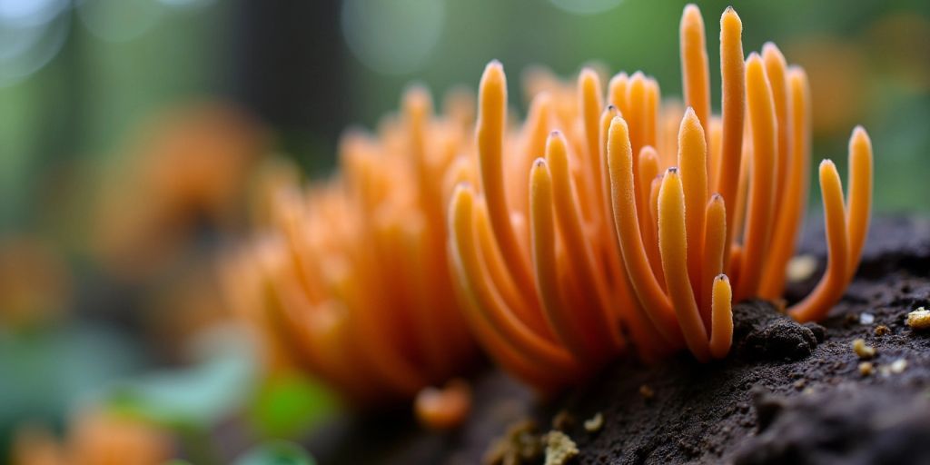 Nærbilde av Cordyceps sopp på naturlig underlag.