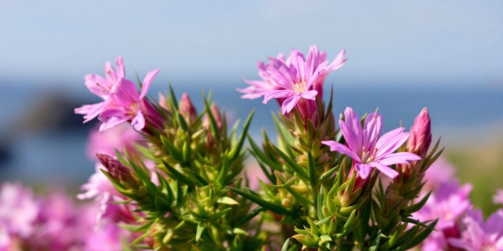 Fjærekoll blomster med rosa kronblader.