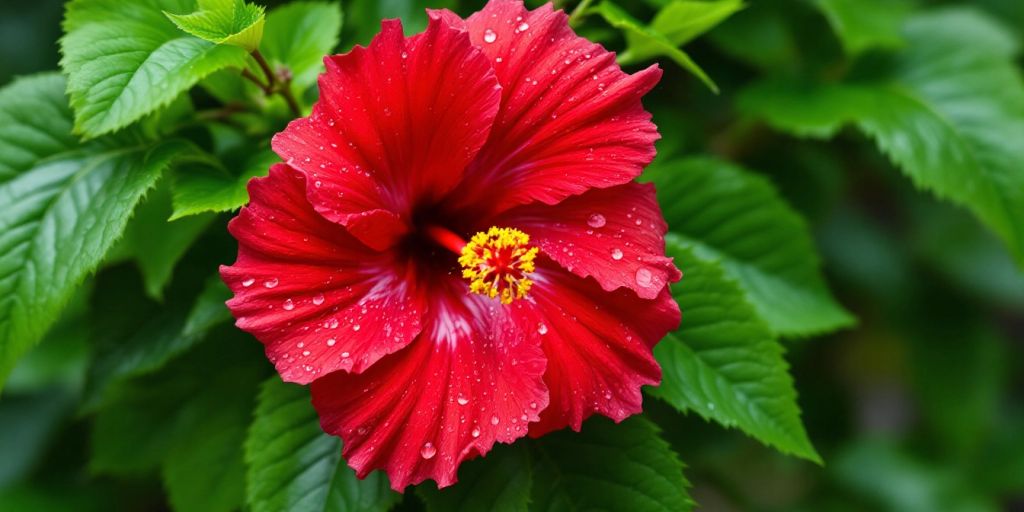 Jamaikahibisk blomst med røde kronblader og gule støvbærere.