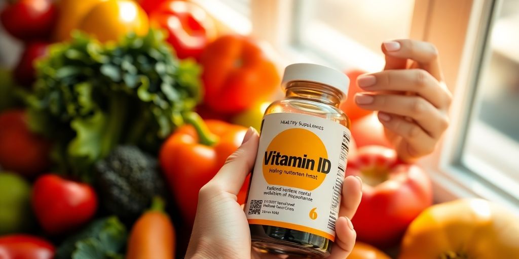 Bilde av vitamin D kosttilskudd med frukt og grønnsaker.