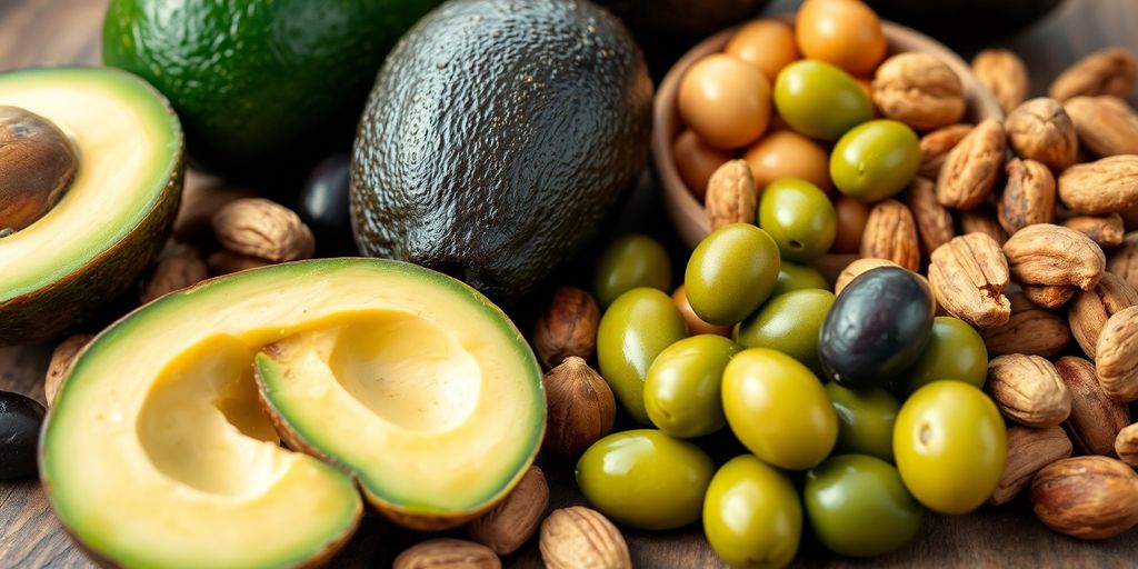 Matvarer med enumettet fett som avocado og nøtter.