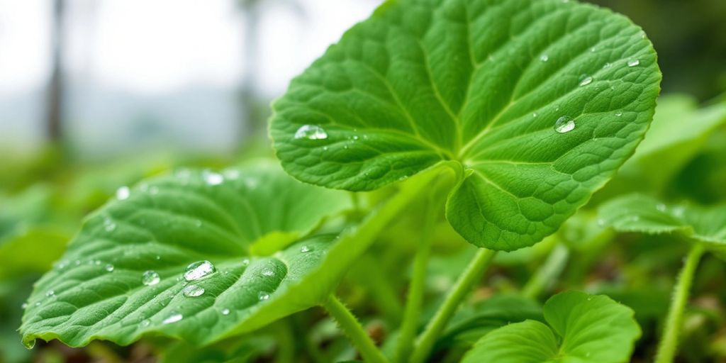 Groblad blader med dråper av dugg.