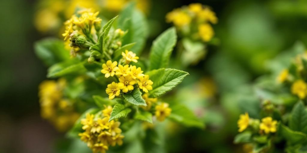 Nærbilde av Legesteinfrø med gule blomster.