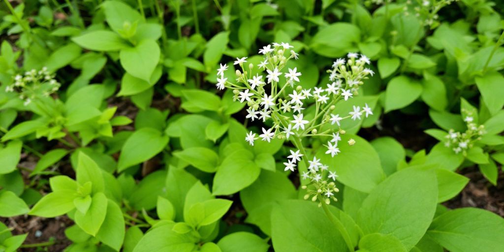 Ramsløkblader og blomster i en grønn skog.
