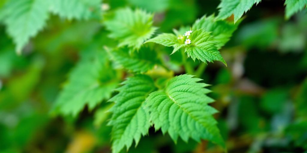 Brennesle med grønne blader og små blomster.