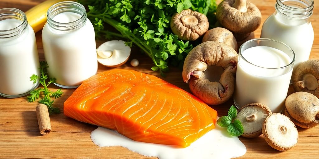 Matvarer med høyt innhold av vitamin D på bordet.