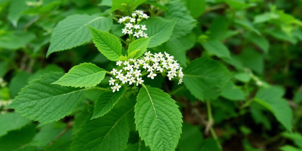 Sanikelplante med grønne blader og hvite blomster.