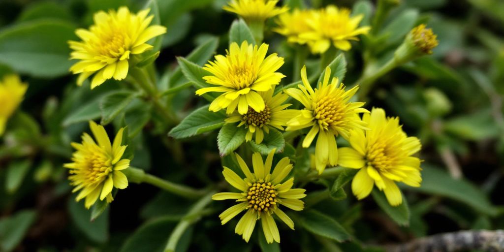 Gule blomster av hestehov med grønne blader.