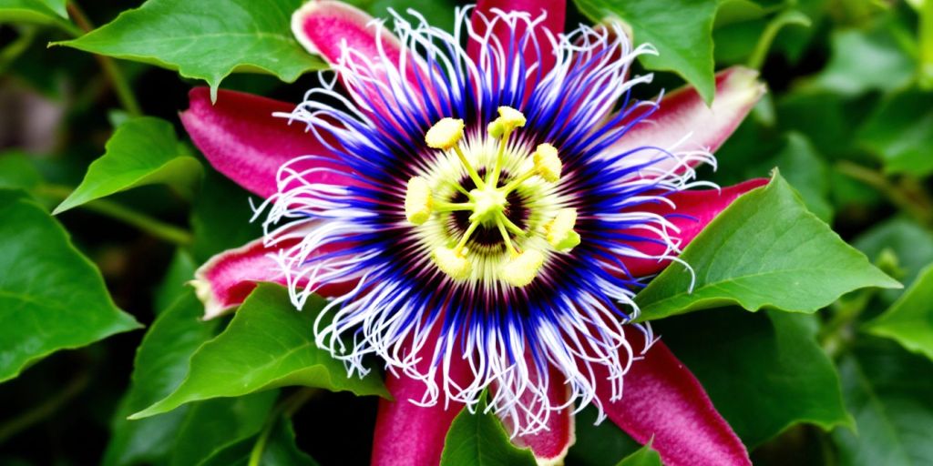 Nærbilde av pasjonsblomst med fargerike kronblader.