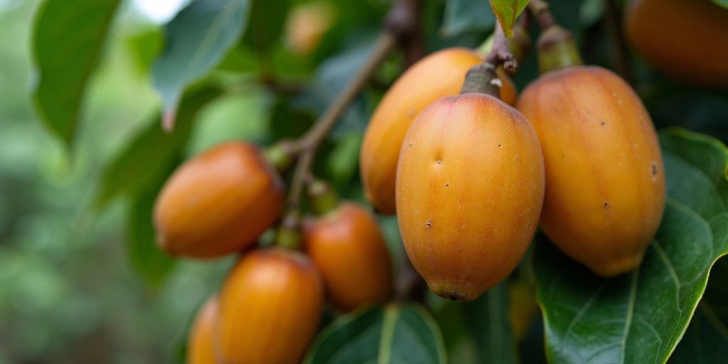 Borojo-frukter med brunt skall og grønne blader.