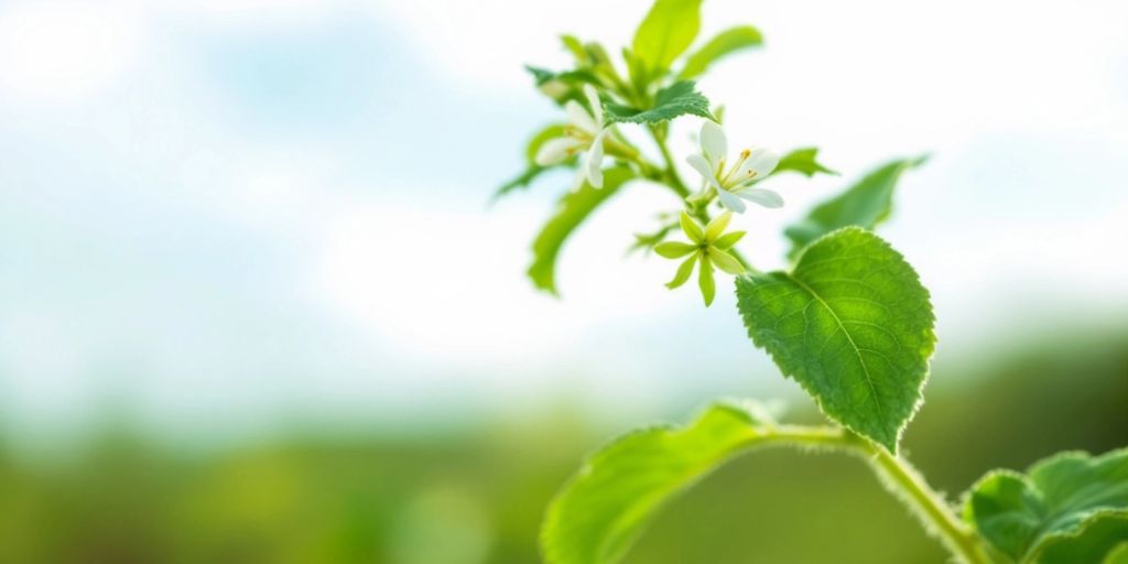 Nådesurt plante med grønne blader og hvite blomster.