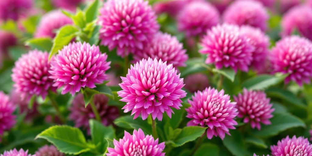 Rødkløverblomster med grønne blader.