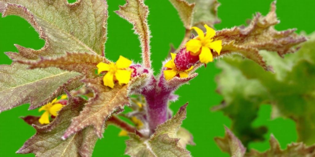 Stivdylle med gule blomster og store blader.