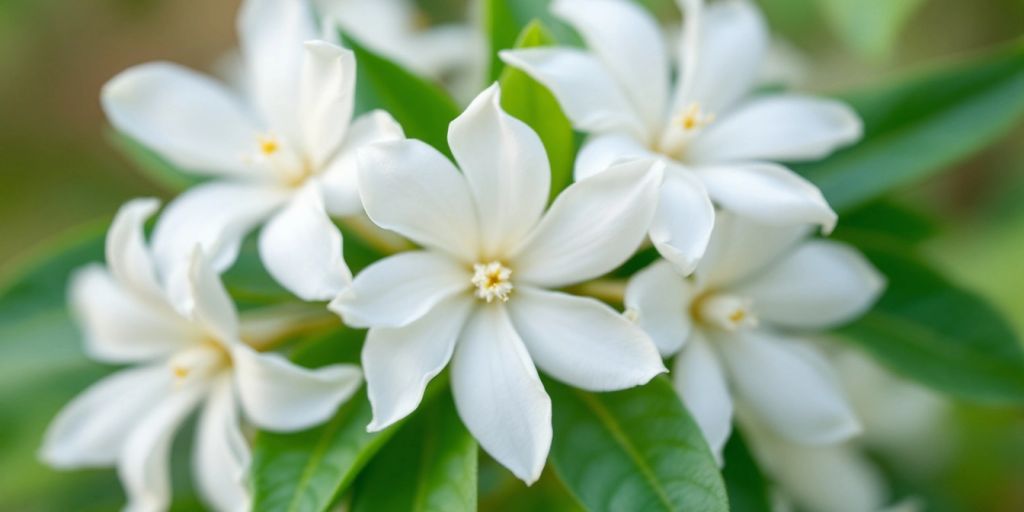 Nærbilde av Jasminblomster med hvite kronblader.