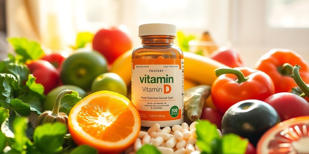 Vitamin D kosttilskudd med frukt og grønnsaker.