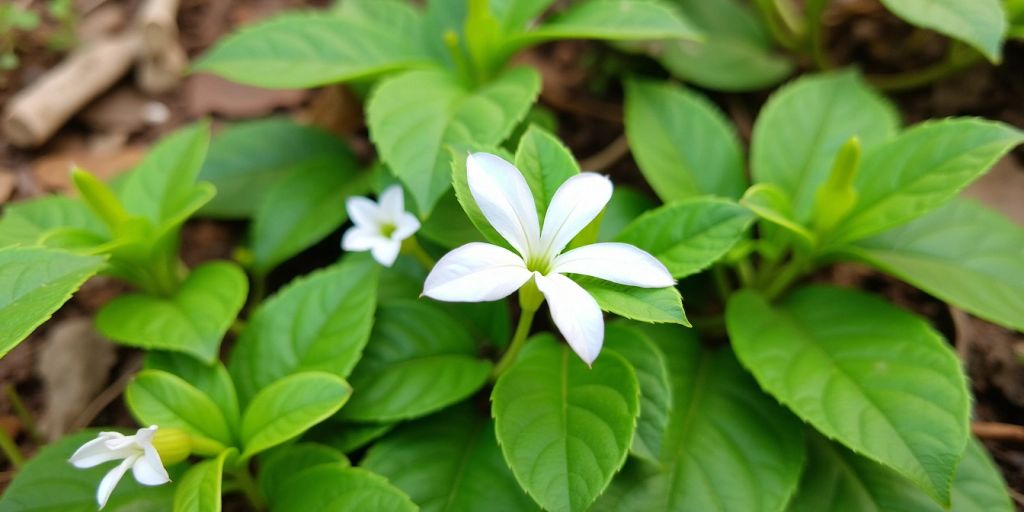 Nærbilde av blodurt med hvite blomster og grønne blader.