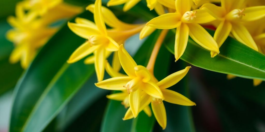 Ylang-ylang blomster med gule kronblader og grønne blader.
