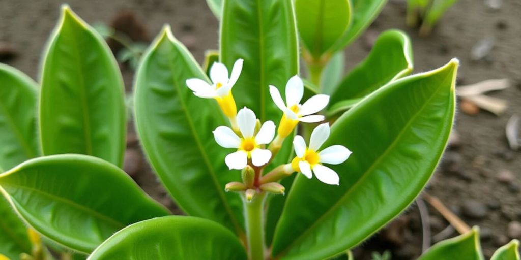 Nærbilde av Bukkeblad med hvite blomster.