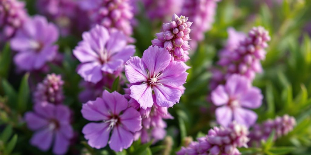 Røsslyng blomster i nærbilde med grønt bladverk.